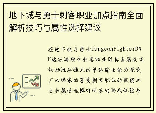 地下城与勇士刺客职业加点指南全面解析技巧与属性选择建议