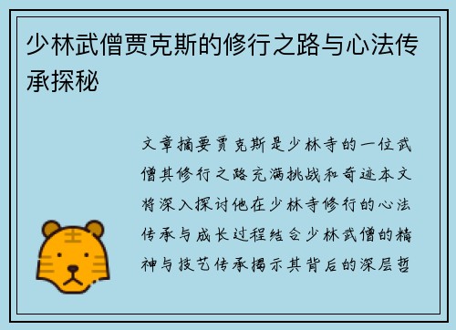 少林武僧贾克斯的修行之路与心法传承探秘